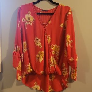 Red Flowy Top with Yellow Flowers